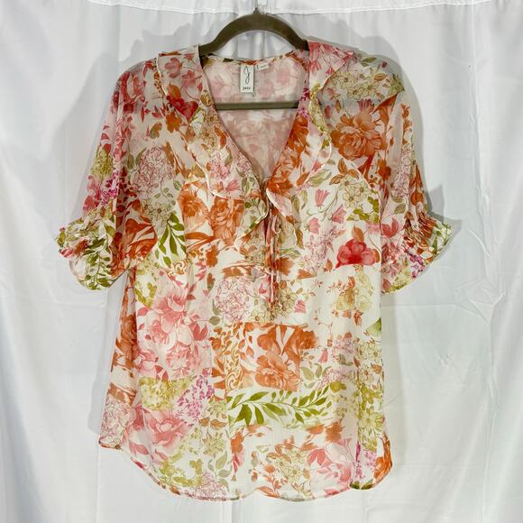 Joie Floral Sheer Blouse Medium | Ruffle Tie Neck Boho Lightweight Top - Picture 2 of 5